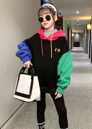 Cute Colorblock Hooded Print Patchwork Cotton Girls Sweatshirt Winter