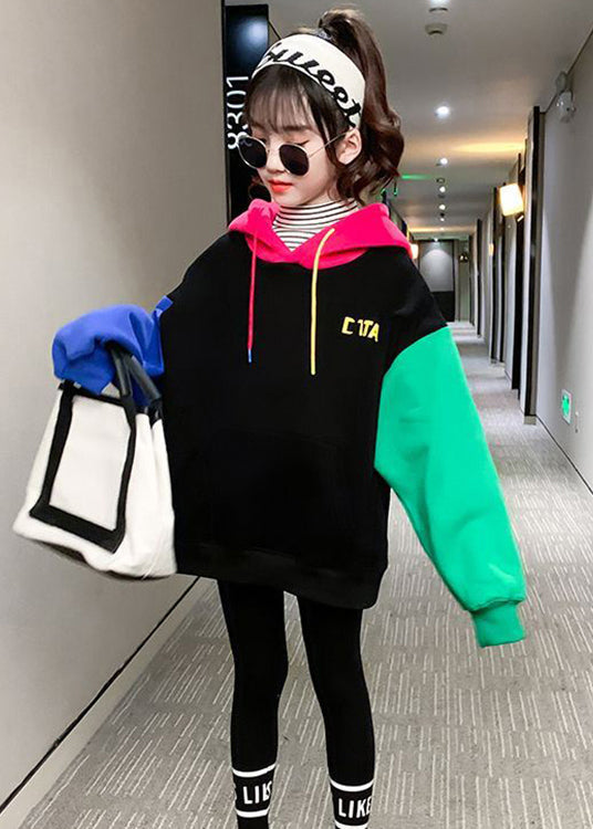 Cute Colorblock Hooded Print Patchwork Cotton Girls Sweatshirt Winter