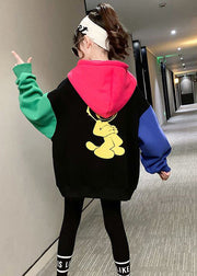 Cute Colorblock Hooded Print Patchwork Cotton Girls Sweatshirt Winter