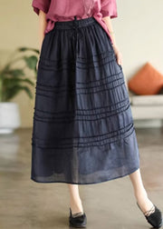 Cute Dark Blue Patchwork Elastic Waist Ramie A Line Skirts