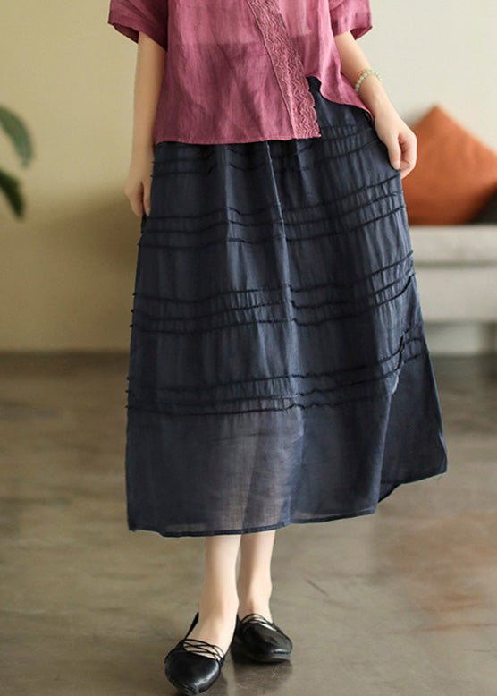 Cute Dark Blue Patchwork Elastic Waist Ramie A Line Skirts
