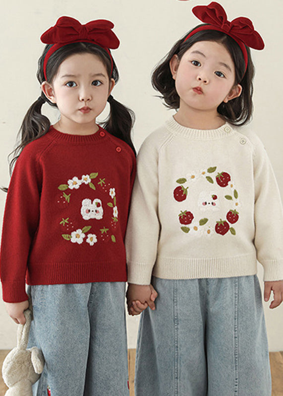 Cute Embroideried Floral Button Thick Cotton Knit Girls Sweater Spring