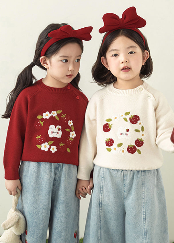 Cute Embroideried Floral Button Thick Cotton Knit Girls Sweater Spring