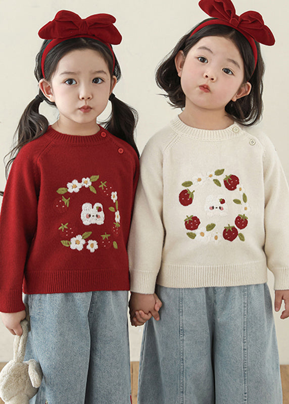 Cute Embroideried Floral Button Thick Cotton Knit Girls Sweater Spring