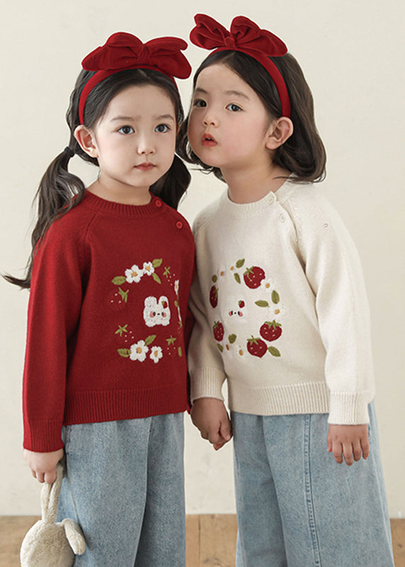 Cute Embroideried Floral Button Thick Cotton Knit Girls Sweater Spring