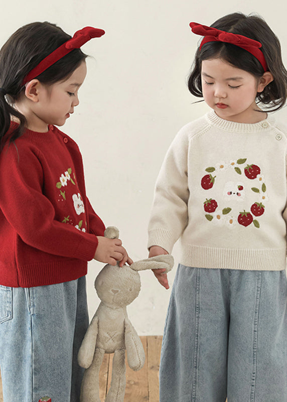 Cute Embroideried Floral Button Thick Cotton Knit Girls Sweater Spring