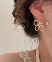 Cute Gold Copper Overgild Pearl Floral Hollow Out Stud Earrings