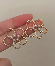 Cute Gold Copper Overgild Pearl Floral Hollow Out Stud Earrings