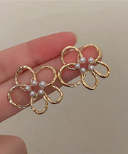 Cute Gold Copper Overgild Pearl Floral Hollow Out Stud Earrings