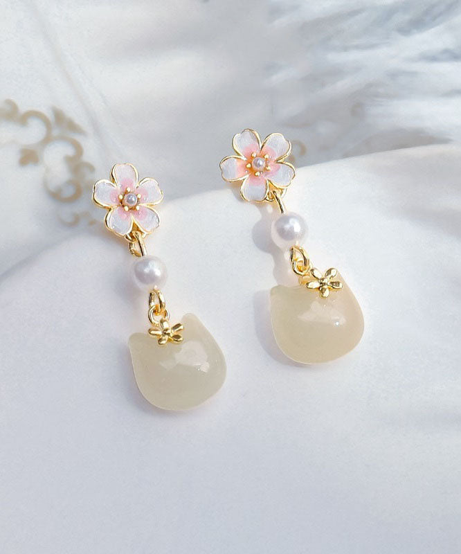 Cute Gold Sterling Silver Alloy Sakura Little Cat Drop Earrings