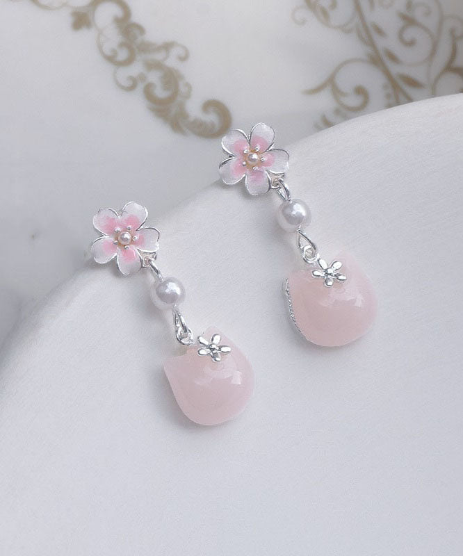 Cute Gold Sterling Silver Alloy Sakura Little Cat Drop Earrings