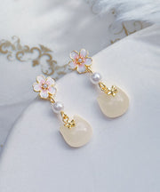 Cute Gold Sterling Silver Alloy Sakura Little Cat Drop Earrings