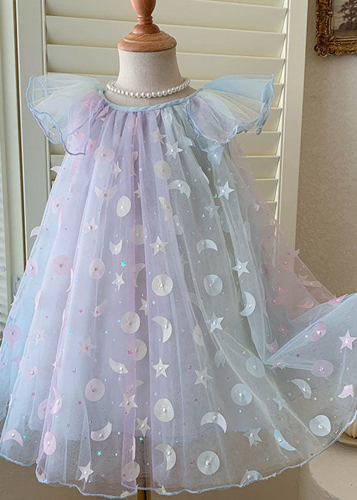 Cute Gradient Blue Sequins Wrinkled Patchwork Tulle Baby Girls Dress Summer