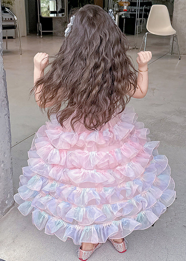 Cute Gradient Color Ruffled Tulle Girls Spaghetti Strap Dress Sleeveless