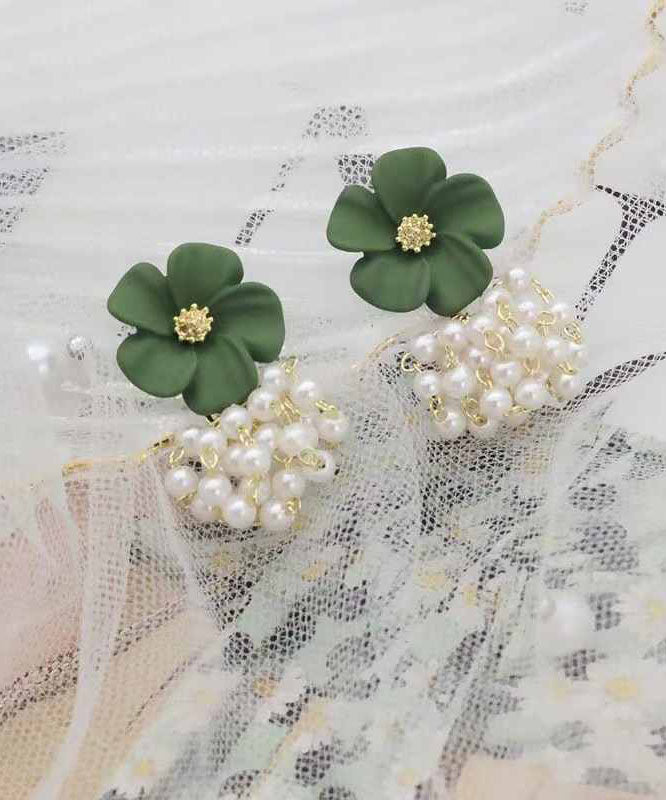 Cute Green Alloy Floral Pearl Tassel Drop Earrings