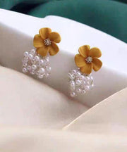 Cute Green Alloy Floral Pearl Tassel Drop Earrings