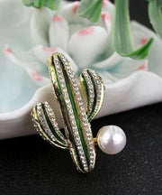 Cute Green Alloy Zircon Pearl Drip Glaze Cactus Brooches