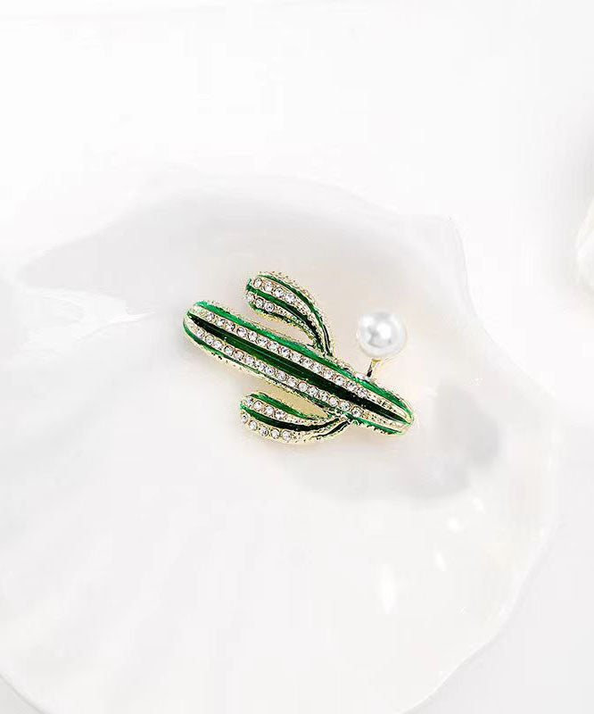 Cute Green Alloy Zircon Pearl Drip Glaze Cactus Brooches