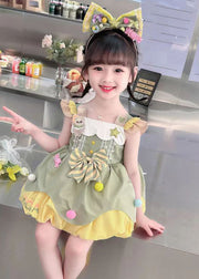 Cute Green Bow Patchwork Cotton Girls Dresses Sleeveless