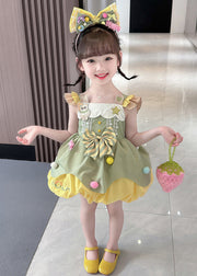 Cute Green Bow Patchwork Cotton Girls Dresses Sleeveless