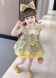 Cute Green Bow Patchwork Cotton Girls Dresses Sleeveless