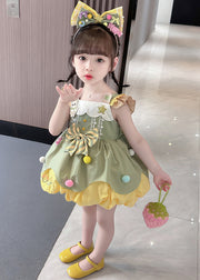 Cute Green Bow Patchwork Cotton Girls Dresses Sleeveless