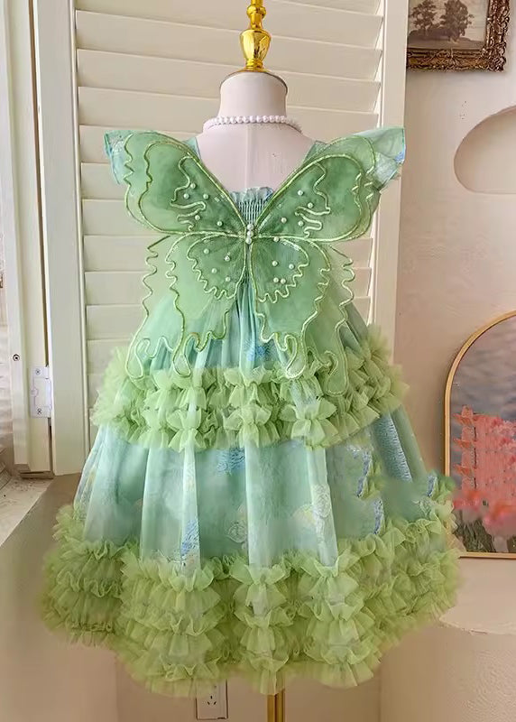 Cute Green Butterfly Tulle Kids Long Dresses Short Sleeve