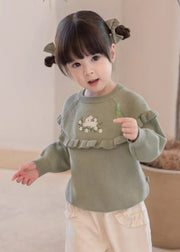 Cute Green Embroideried Ruffled Patchwork Cotton Knit Girls Knit Sweaters Winter