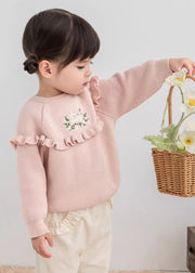 Cute Green Embroideried Ruffled Patchwork Cotton Knit Girls Knit Sweaters Spring