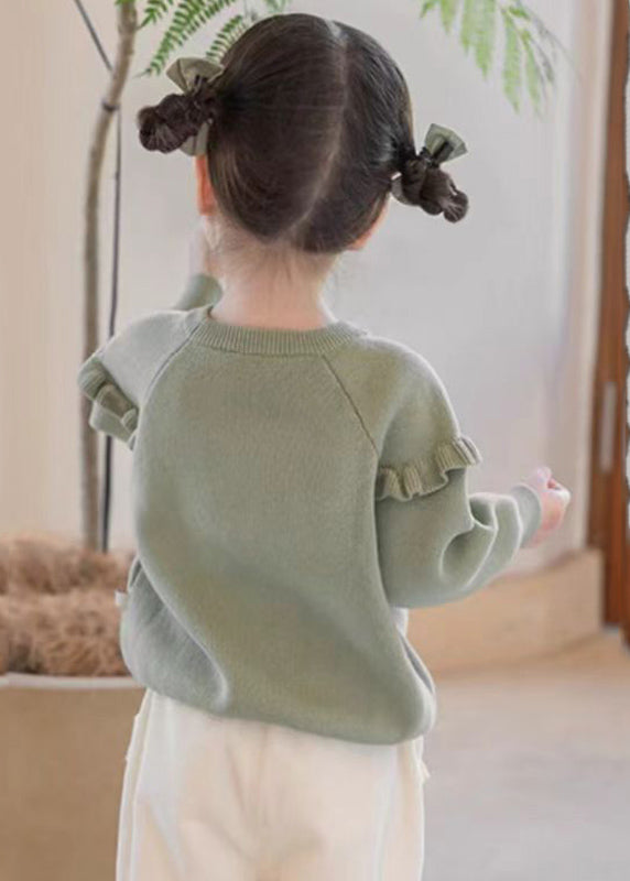 Cute Green Embroideried Ruffled Patchwork Cotton Knit Girls Knit Sweaters Spring