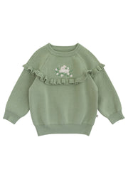 Cute Green Embroideried Ruffled Patchwork Cotton Knit Girls Knit Sweaters Winter