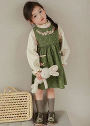 Cute Green Embroideried Ruffled Tops And Waistcoat Dress Cotton Girls Two Fall