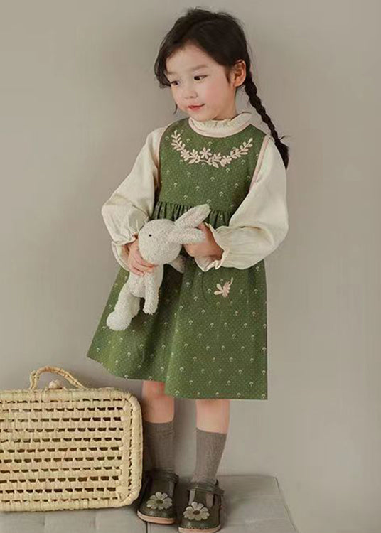 Cute Green Embroideried Ruffled Tops And Waistcoat Dress Cotton Girls Two Fall