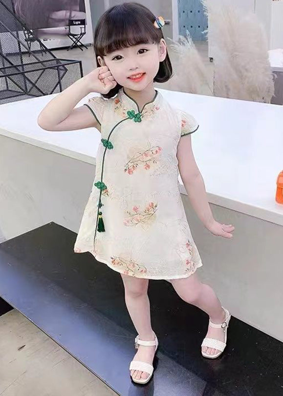 Cute Green Embroidered Tassel Silk Girls Mid Dress Short Sleeve