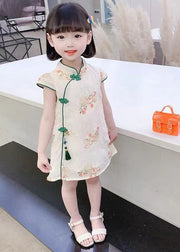 Cute Green Embroidered Tassel Silk Girls Mid Dress Short Sleeve