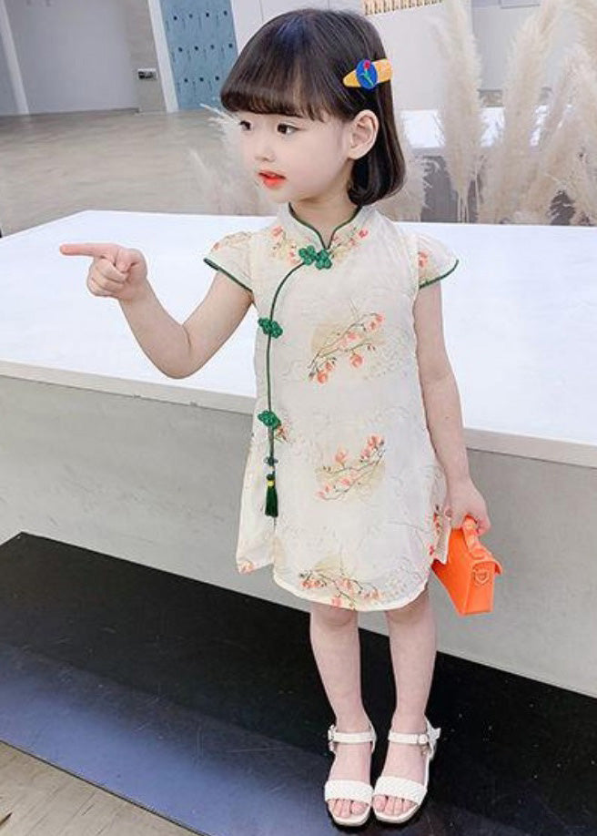 Cute Green Embroidered Tassel Silk Girls Mid Dress Short Sleeve