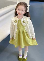 Cute Green Girls Knit Cardigans And Mid Dress Two Pieces Set Fall