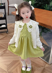 Cute Green Girls Knit Cardigans And Mid Dress Two Pieces Set Fall