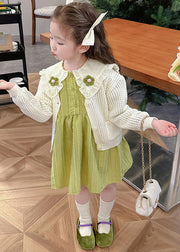 Cute Green Girls Knit Cardigans And Mid Dress Two Pieces Set Fall