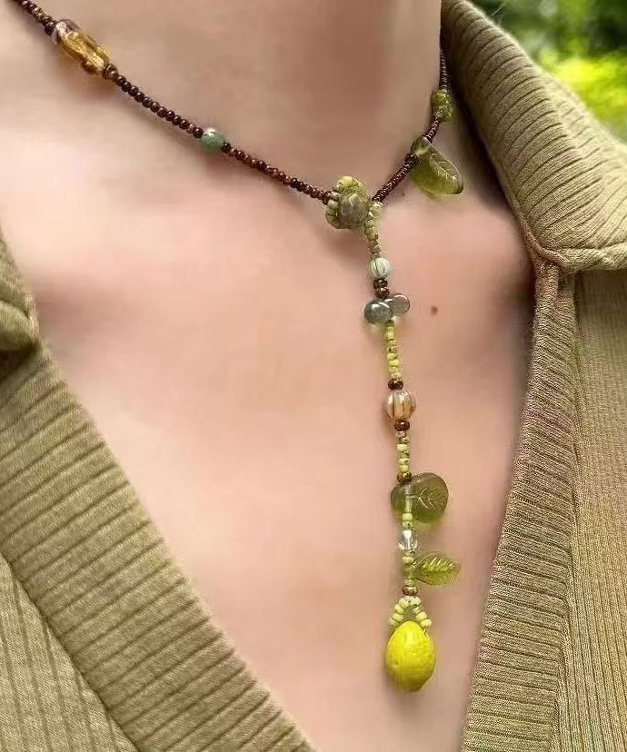 Cute Green Handmade Weaving One Lemon Beading Tassel Pendant Necklace