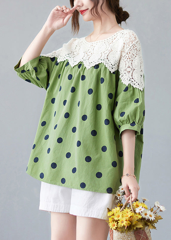 Cute Green O-Neck Dot Lace Patchwork Top Summer