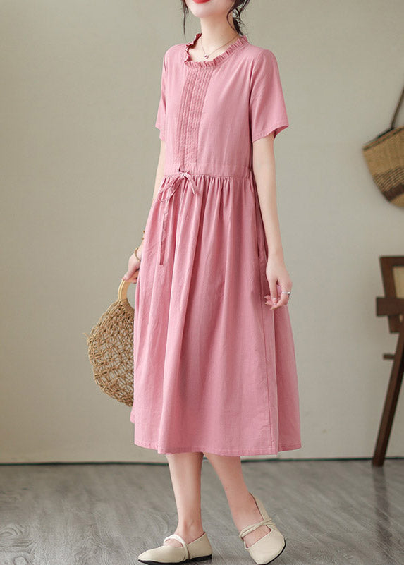 Cute Green O-Neck Patchwork Tie Waist Solid Linen Long Dresses Short Sleeve