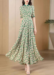 Cute Green O-Neck Print Wrinkled Chiffon Maxi Dresses Short Sleeve