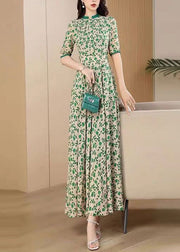 Cute Green O-Neck Print Wrinkled Chiffon Maxi Dresses Short Sleeve