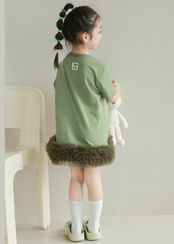 Cute Green O Neck Tulle Patchwork Girls T Shirt Dress Short Sleeve