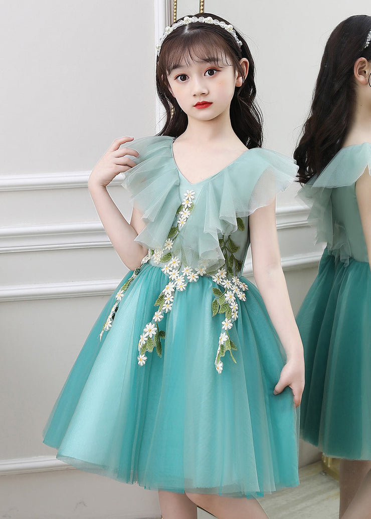 Cute Green Ruffled Embroideried Daisy Tulle Kids Girls Long Dresses Summer