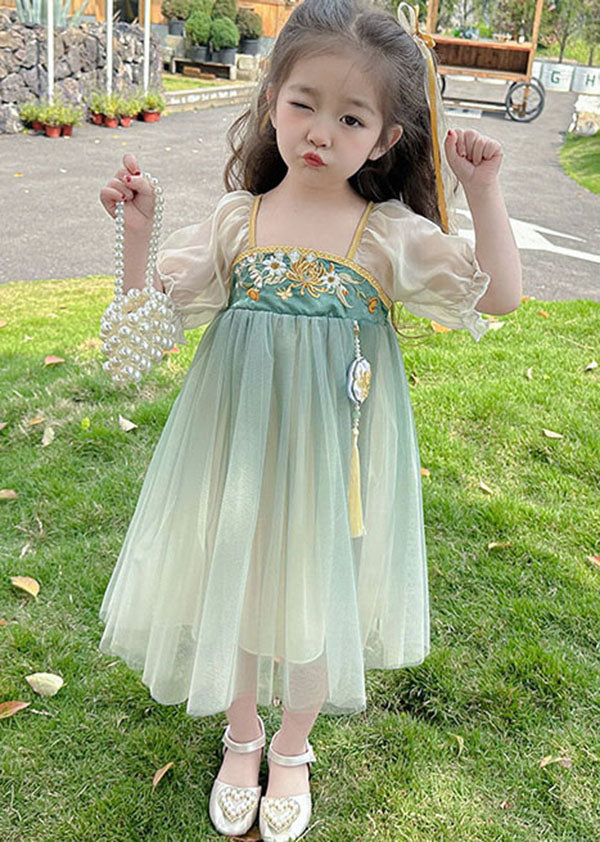 Cute Green Ruffled Embroideried Patchwork Chiffon Kids Girls Dresses Summer