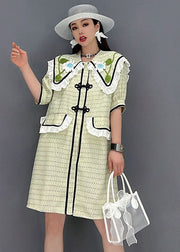 Cute Green Sailor Collar Patchwork Ruffled Cotton Maxi Dress Short Sleeve