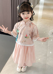 Cute Green Stand Collar Butterfly Patchwork Cotton Kids Girls Two Piece Set Summer