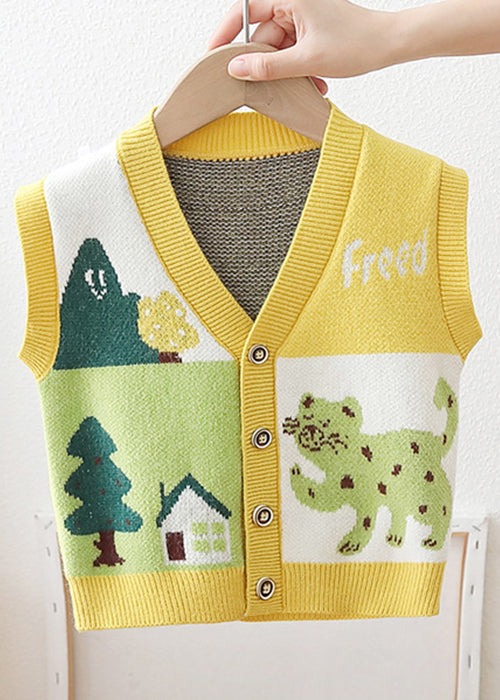 Cute Green V Neck Button Patchwork Knit Baby Waistcoat Sleeveless